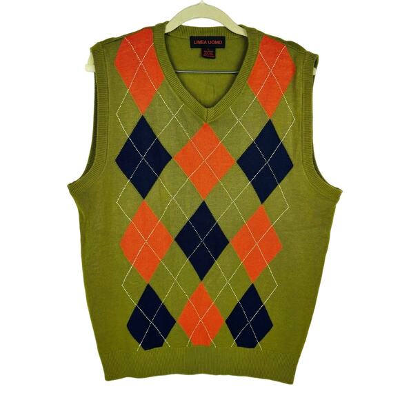 Linea Uomo Other - Linea Uomo Green Orange Blue Argyle Print V-Neck Knit Sweater Vest Sz Large
